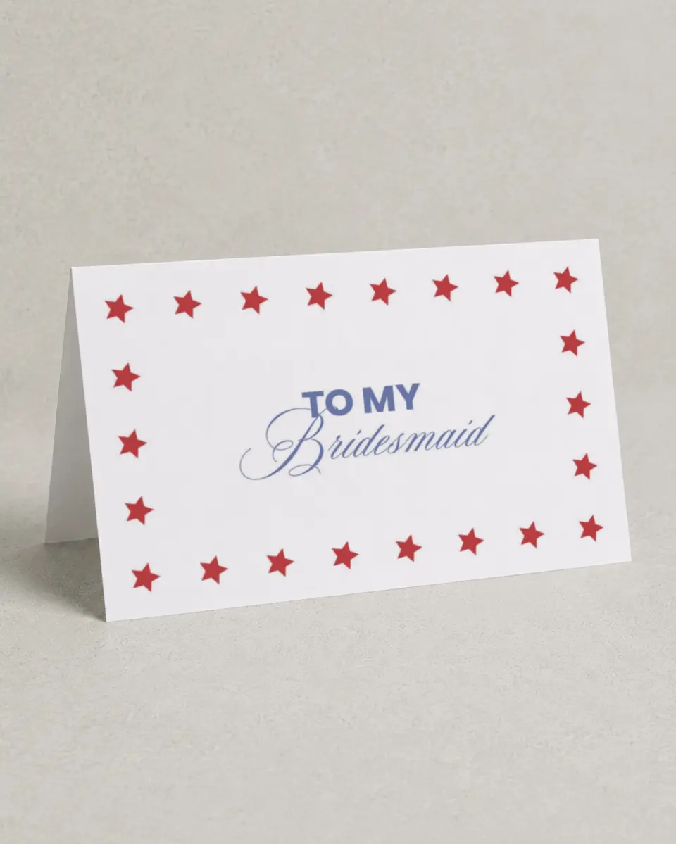 This is a 4" x 6" Folded Bachelorette Party Thank You Card called Red, Bride, and Blue printed in full color with Silver foil on Luxe Satin (coated) paper
