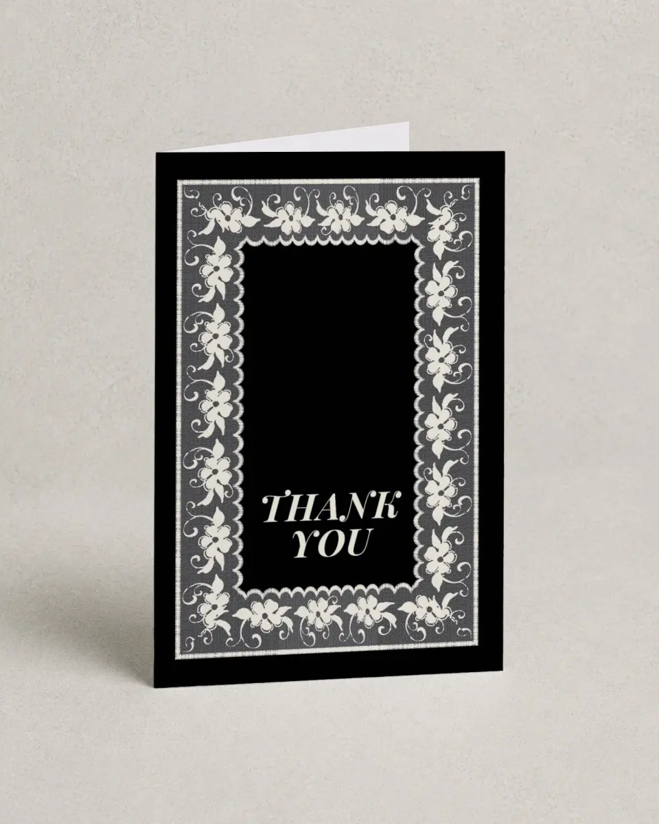 This is a 4" x 6" Folded Bachelorette Party Thank You Card called Bride or Die printed in full color with Silver foil on Luxe Satin (coated) paper
