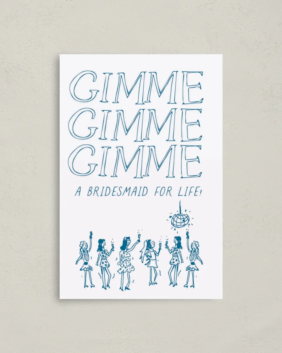 This is a 4" x 6" Folded Bachelorette Party Thank You Card called Gimme Gimme Gimme printed in full color on Premium Smooth paper