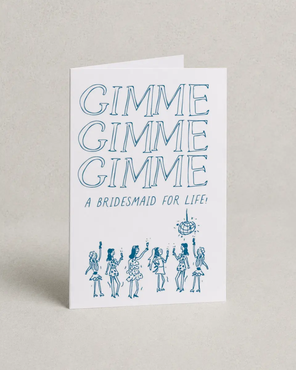 This is a 4" x 6" Folded Bachelorette Party Thank You Card called Gimme Gimme Gimme printed in full color with Silver foil on Luxe Satin (coated) paper