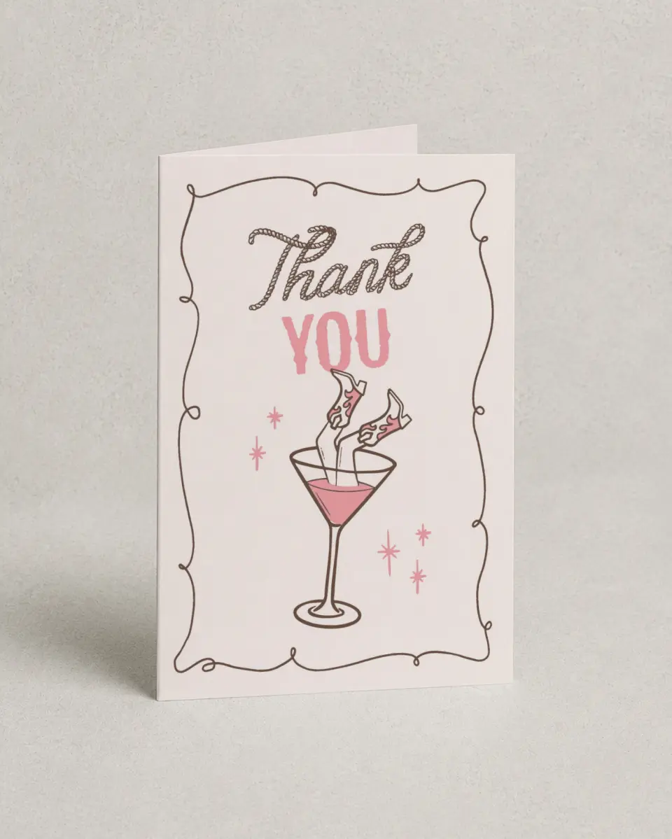 This is a 4" x 6" Folded Bachelorette Party Thank You Card called Cowgirls & Cocktails printed in full color on Premium Smooth paper