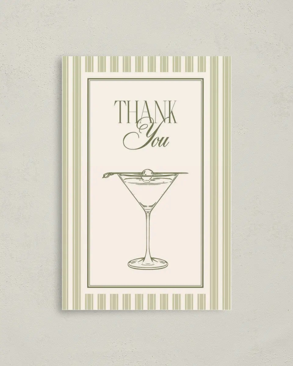 This is a 4" x 6" Folded Bachelorette Party Thank You Card called In a Tini Bit printed in full color on Premium Smooth paper
