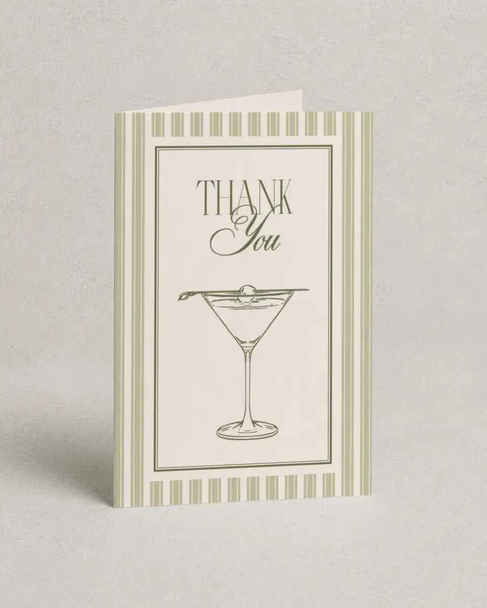 This is a 4" x 6" Folded Bachelorette Party Thank You Card called In a Tini Bit printed in full color on Premium Smooth paper