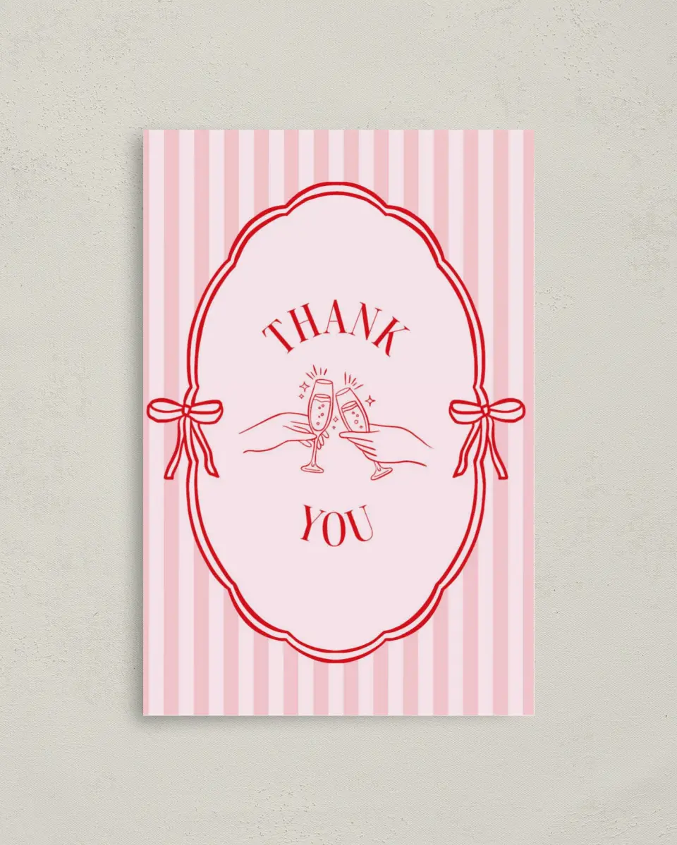 This is a 4" x 6" Folded Bachelorette Party Thank You Card called PJs & Prosecco printed in full color on Premium Smooth paper