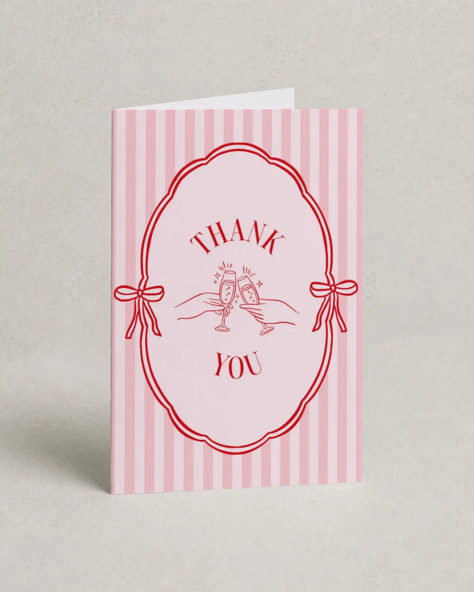 This is a 4" x 6" Folded Bachelorette Party Thank You Card called PJs & Prosecco printed in full color on Premium Smooth paper