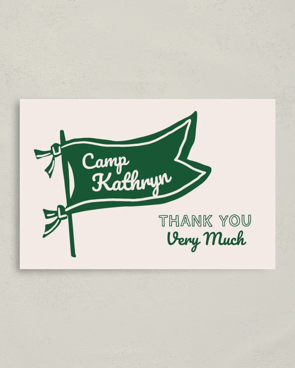 This is a 4" x 6" Folded Bachelorette Party Thank You Card called Camp Bach printed in full color on Premium Smooth paper