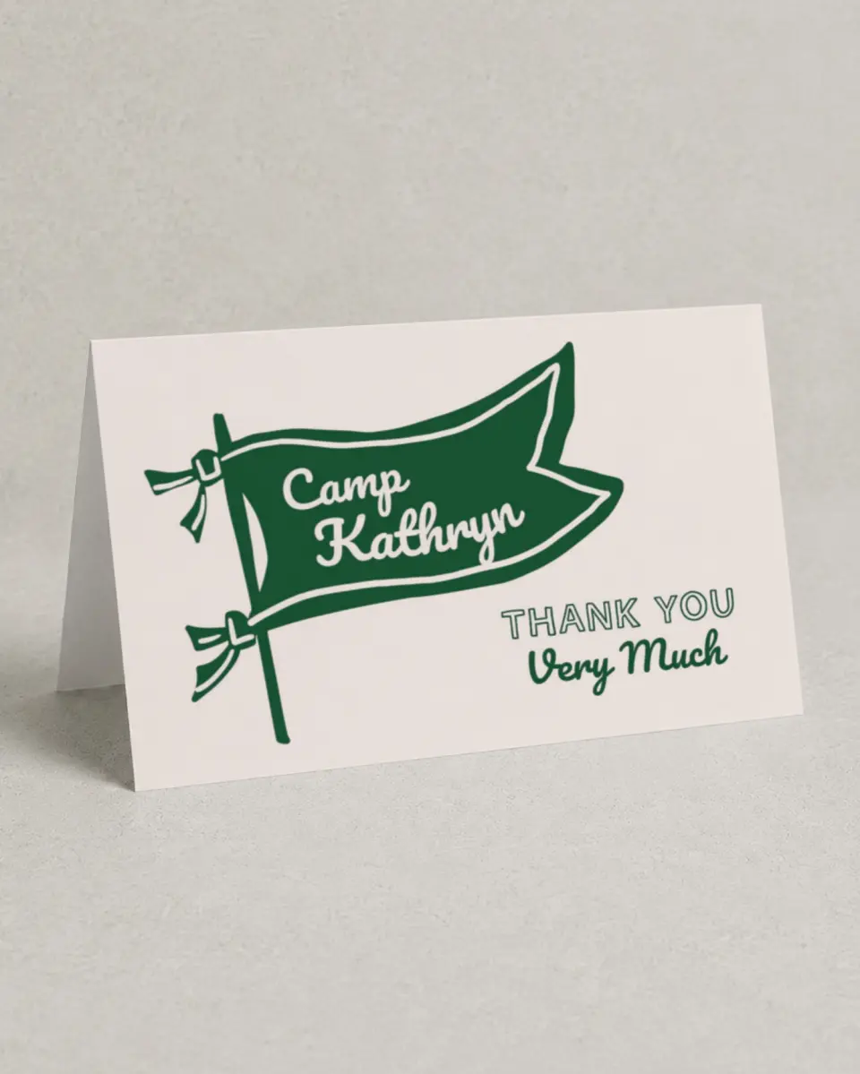 This is a 4" x 6" Folded Bachelorette Party Thank You Card called Camp Bach printed in full color on Premium Smooth paper