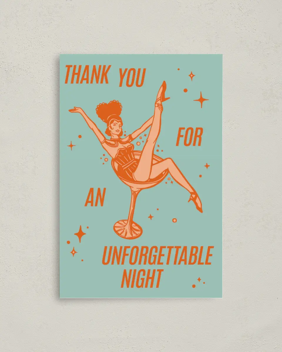 This is a 4" x 6" Folded Bachelorette Party Thank You Card called Wife of a Showgirl printed in full color on Premium Smooth paper