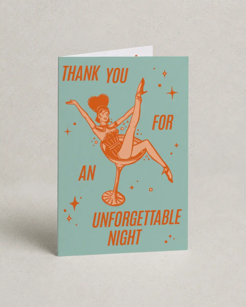 This is a 4" x 6" Folded Bachelorette Party Thank You Card called Wife of a Showgirl printed in full color on Premium Smooth paper