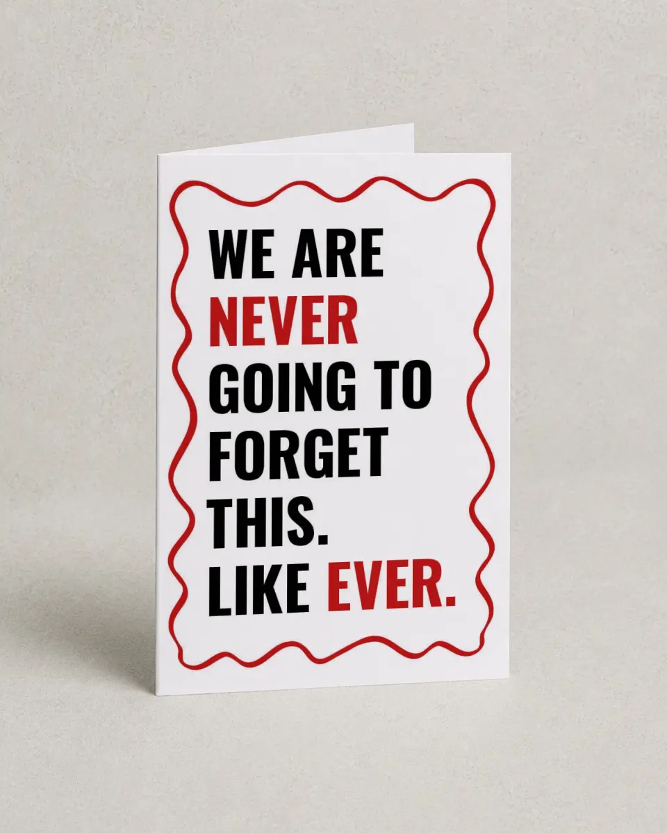 This is a 4" x 6" Folded Bachelorette Party Thank You Card called Loving Him Was Red printed in full color with Silver foil on Luxe Satin (coated) paper