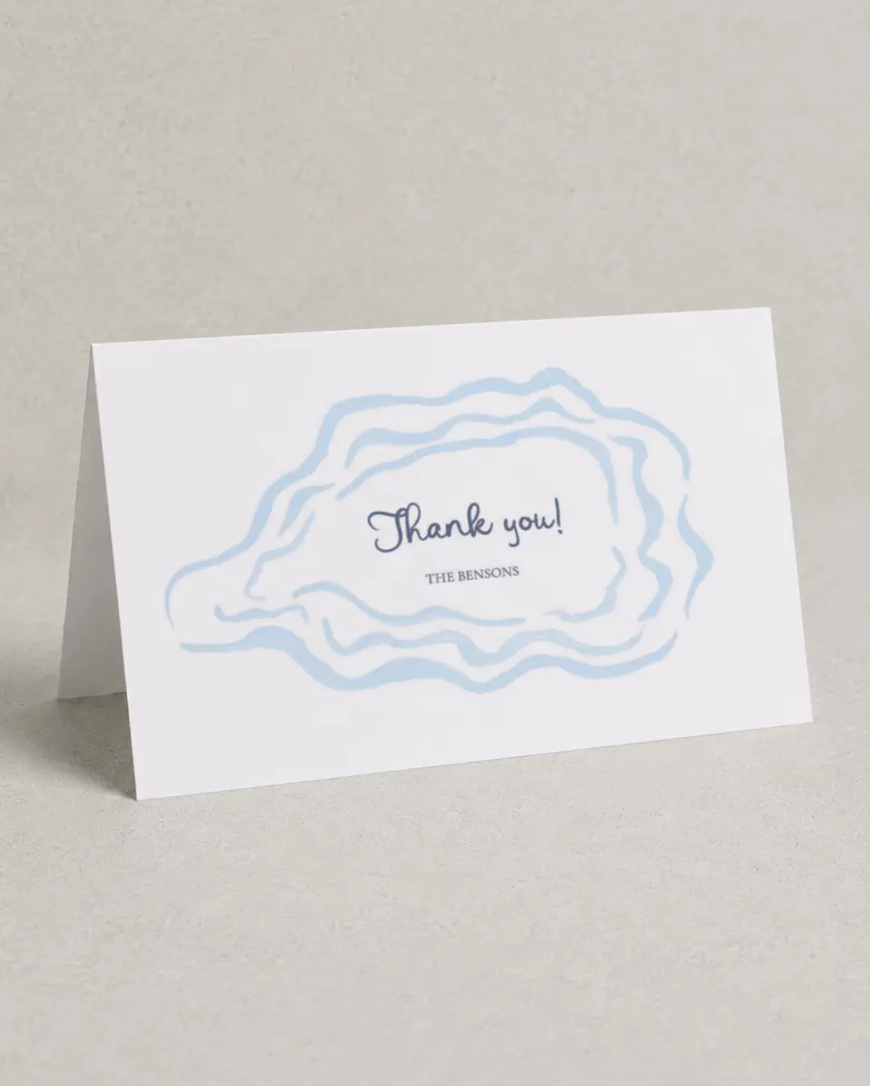 This is a 4" x 6" Folded Thank You Card called Love by the Sea printed in full color with Silver foil on Luxe Satin (coated) paper