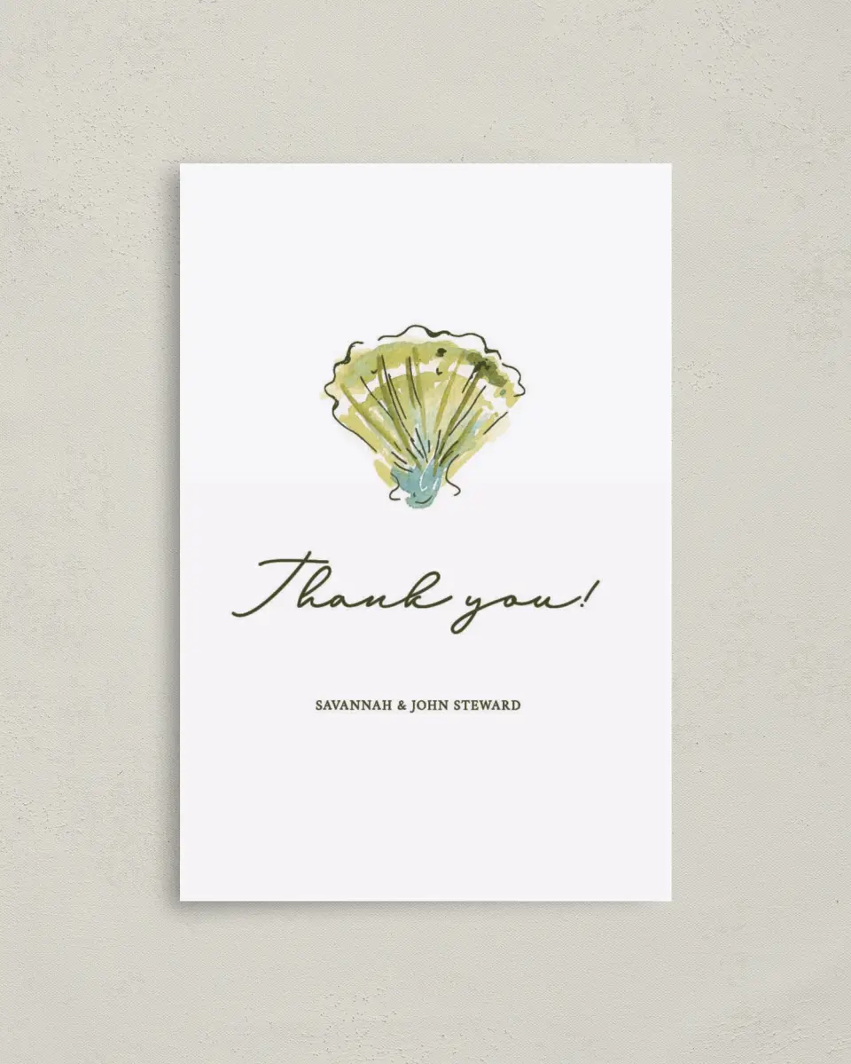 This is a 4" x 6" Folded Thank You Card called Whimsical Shells printed in full color on Premium Smooth paper