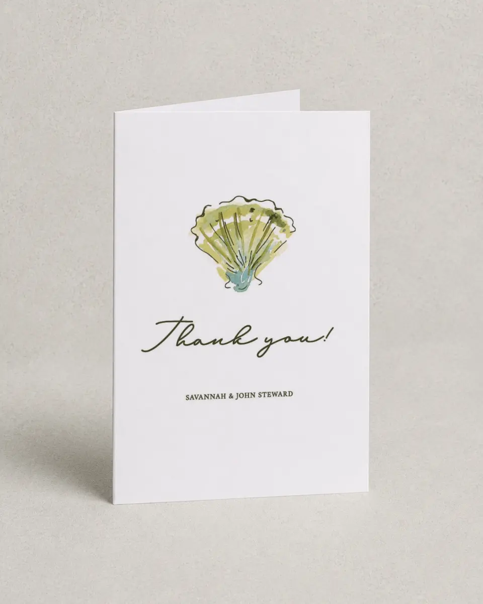 This is a 4" x 6" Folded Thank You Card called Whimsical Shells printed in full color on Premium Smooth paper