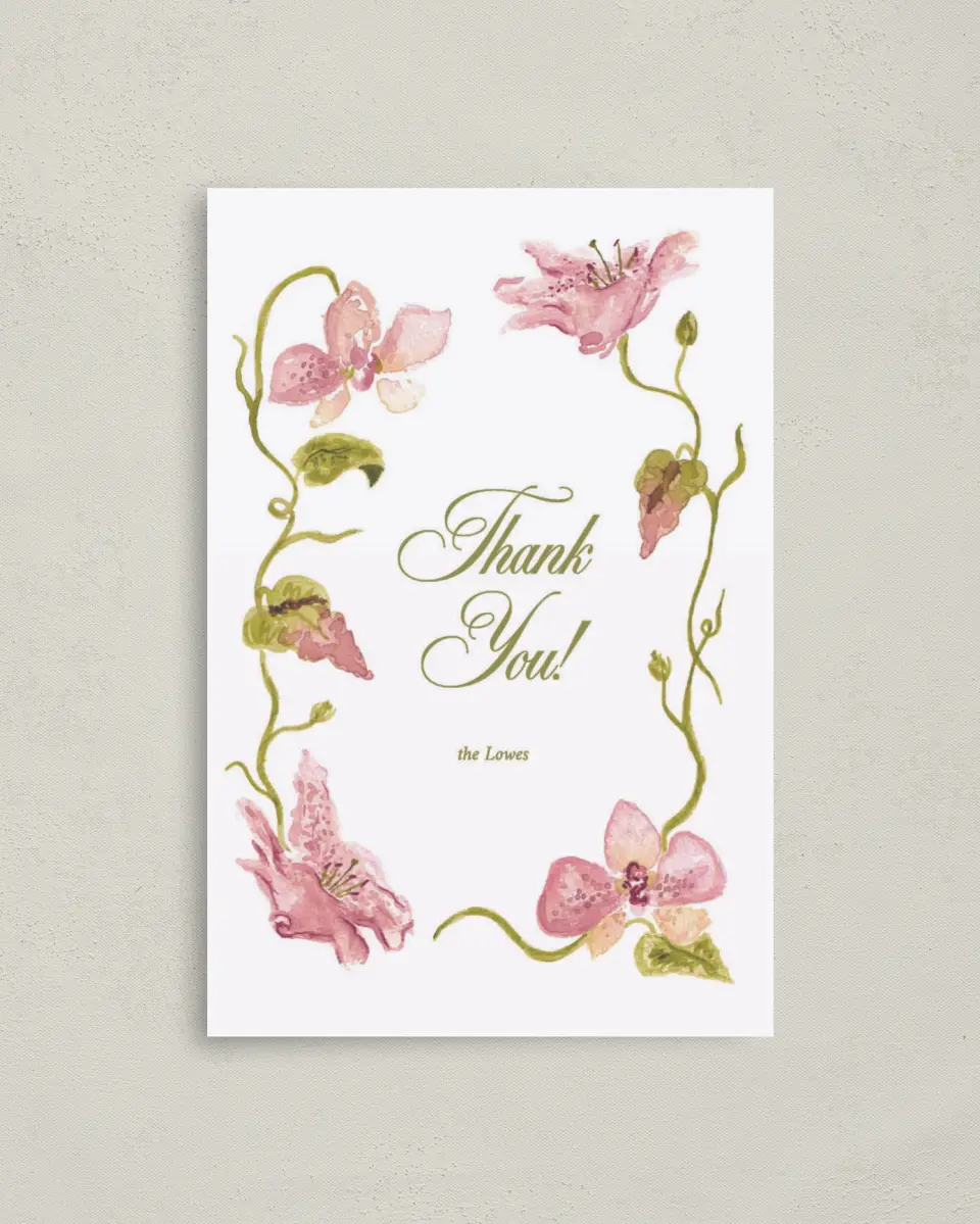 This is a 4" x 6" Folded Thank You Card called Paradise in Bloom printed in full color with Rose Gold foil on Luxe Satin (coated) paper