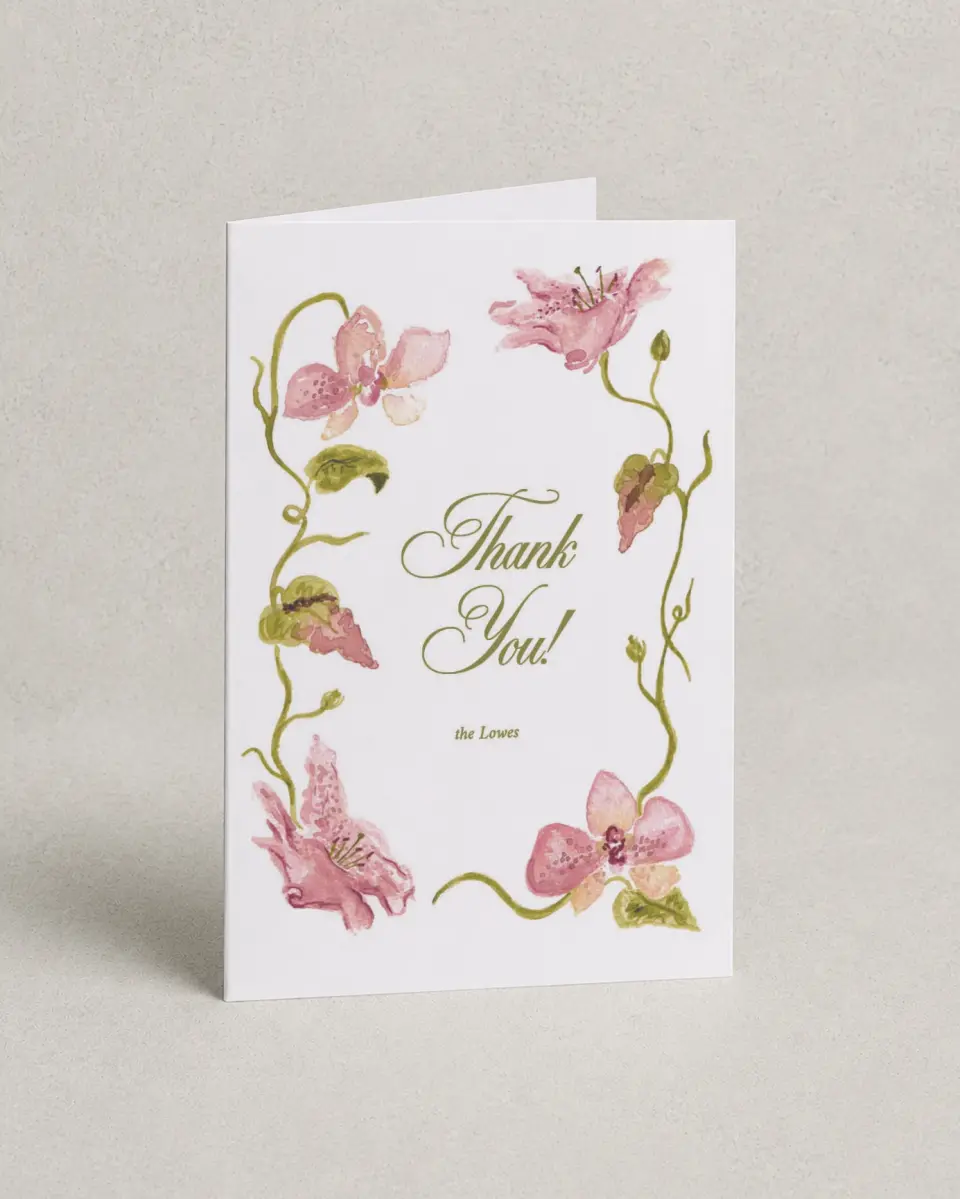 This is a 4" x 6" Folded Thank You Card called Paradise in Bloom printed in full color on Premium Smooth paper
