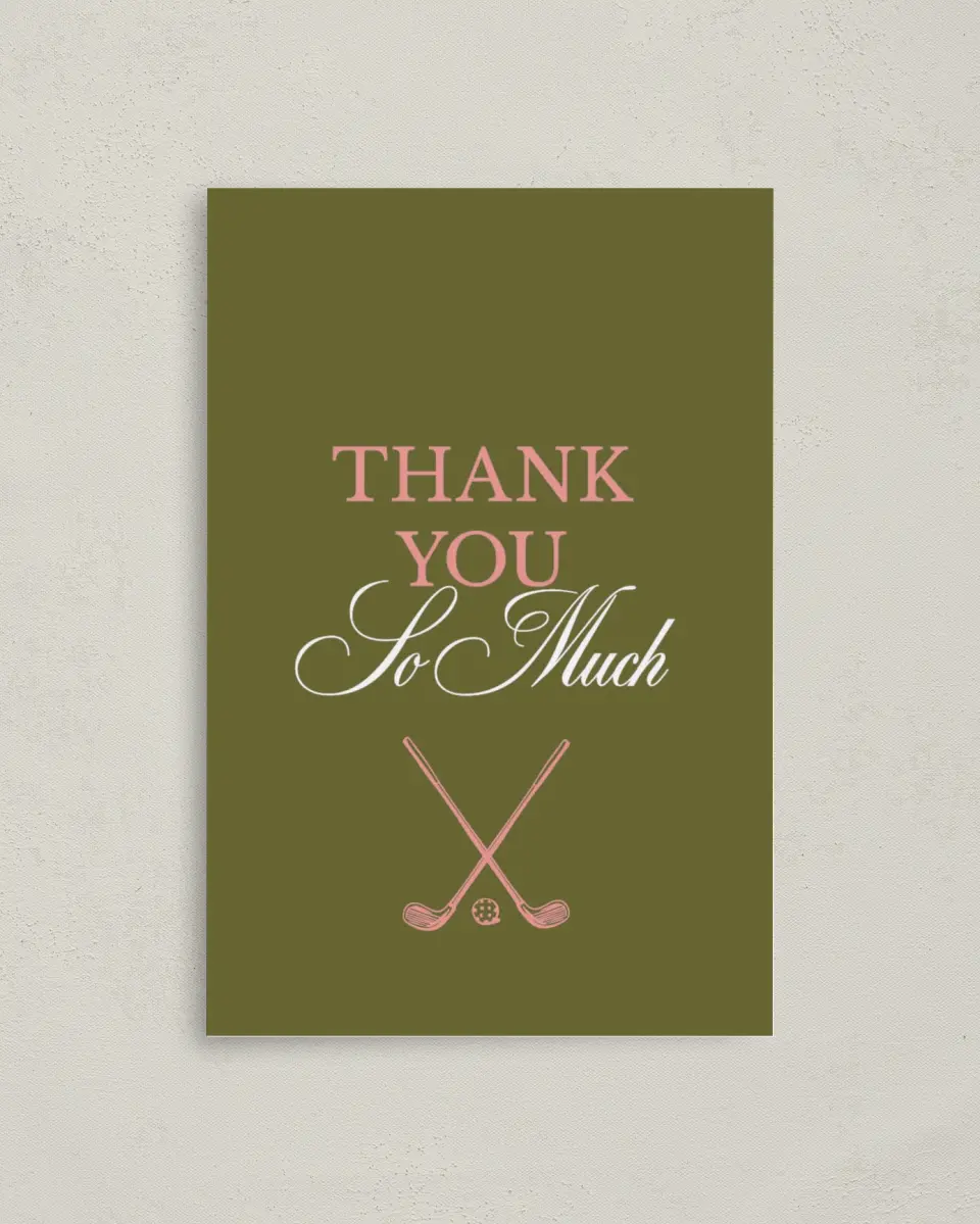 This is a 4" x 6" Folded Bachelorette Party Thank You Card called Last Swing printed in full color on Premium Smooth paper