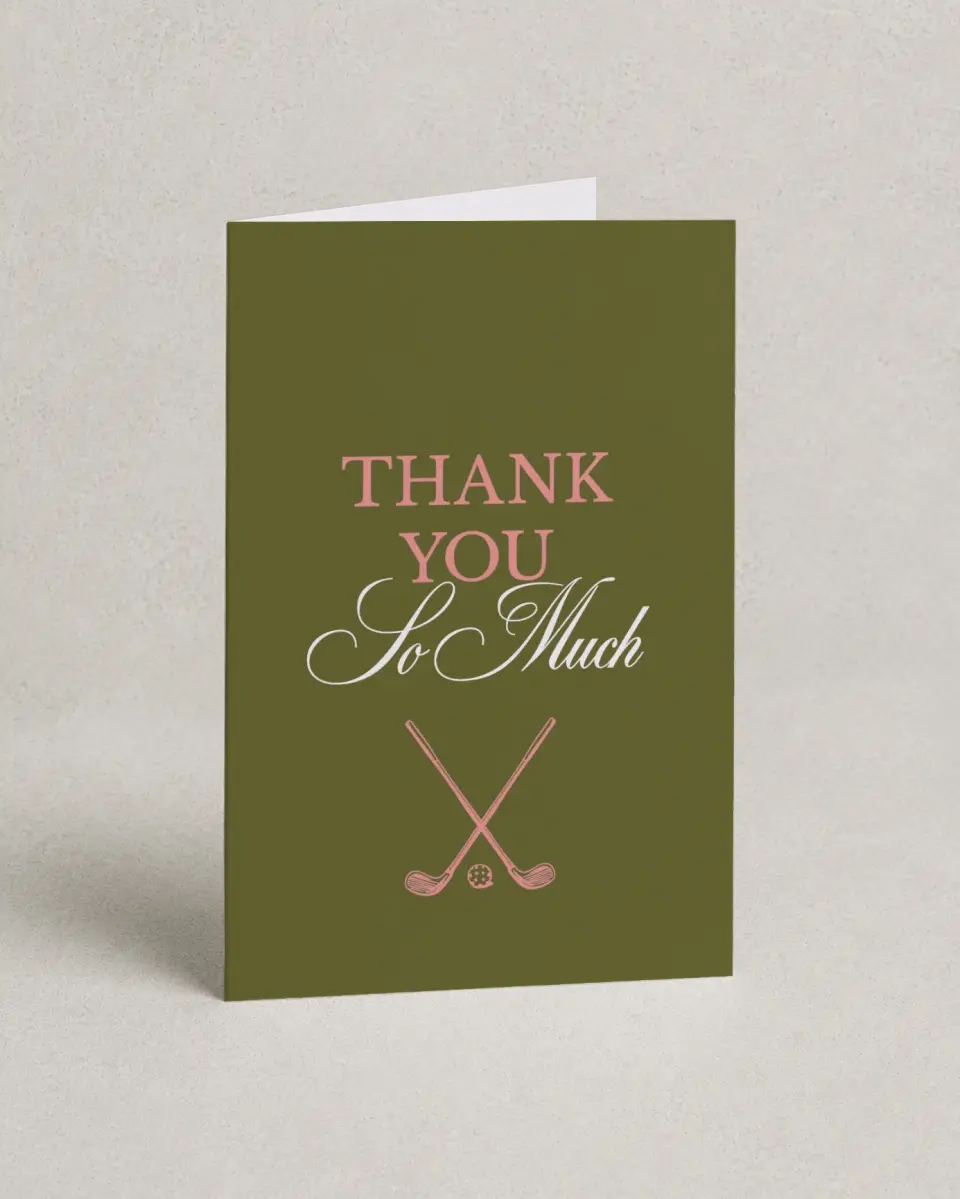 This is a 4" x 6" Folded Bachelorette Party Thank You Card called Last Swing printed in full color on Premium Smooth paper