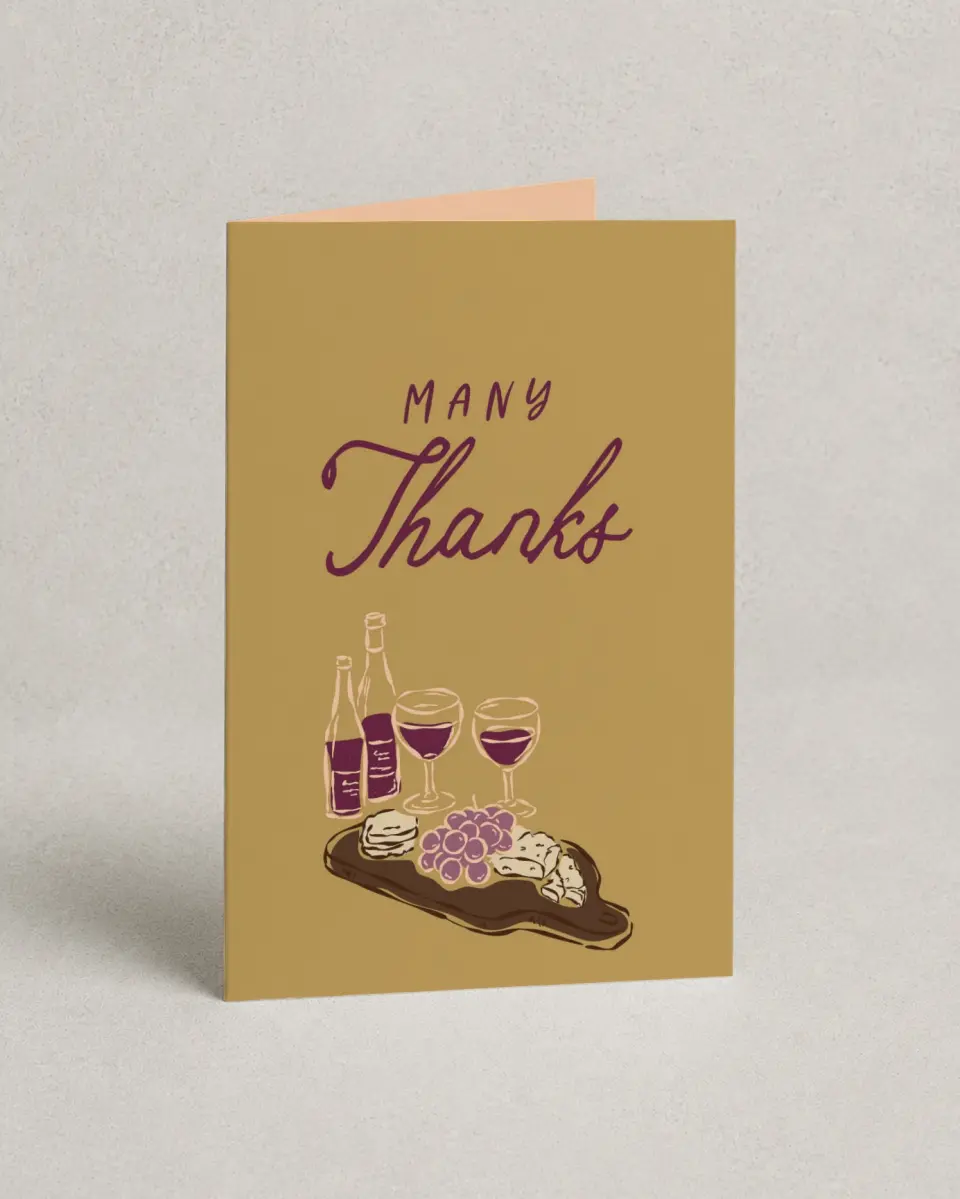 This is a 4" x 6" Folded Bachelorette Party Thank You Card called The Perfect Pairing printed in full color with Rose Gold foil on Luxe Satin (coated) paper