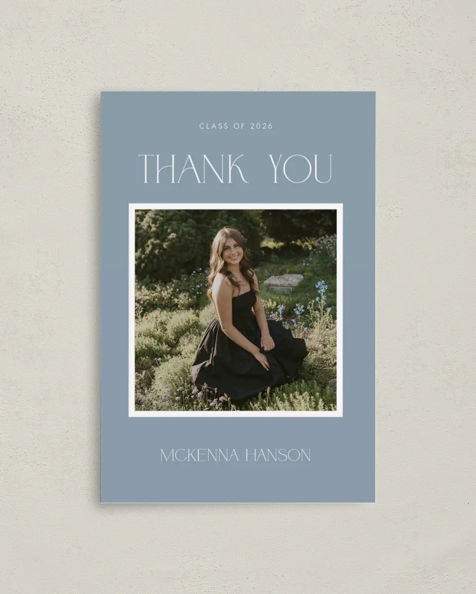 This is a 4" x 6" Folded Graduation Thank You Card called Graceful Grad printed in full color with Rose Gold foil on Luxe Satin (coated) paper