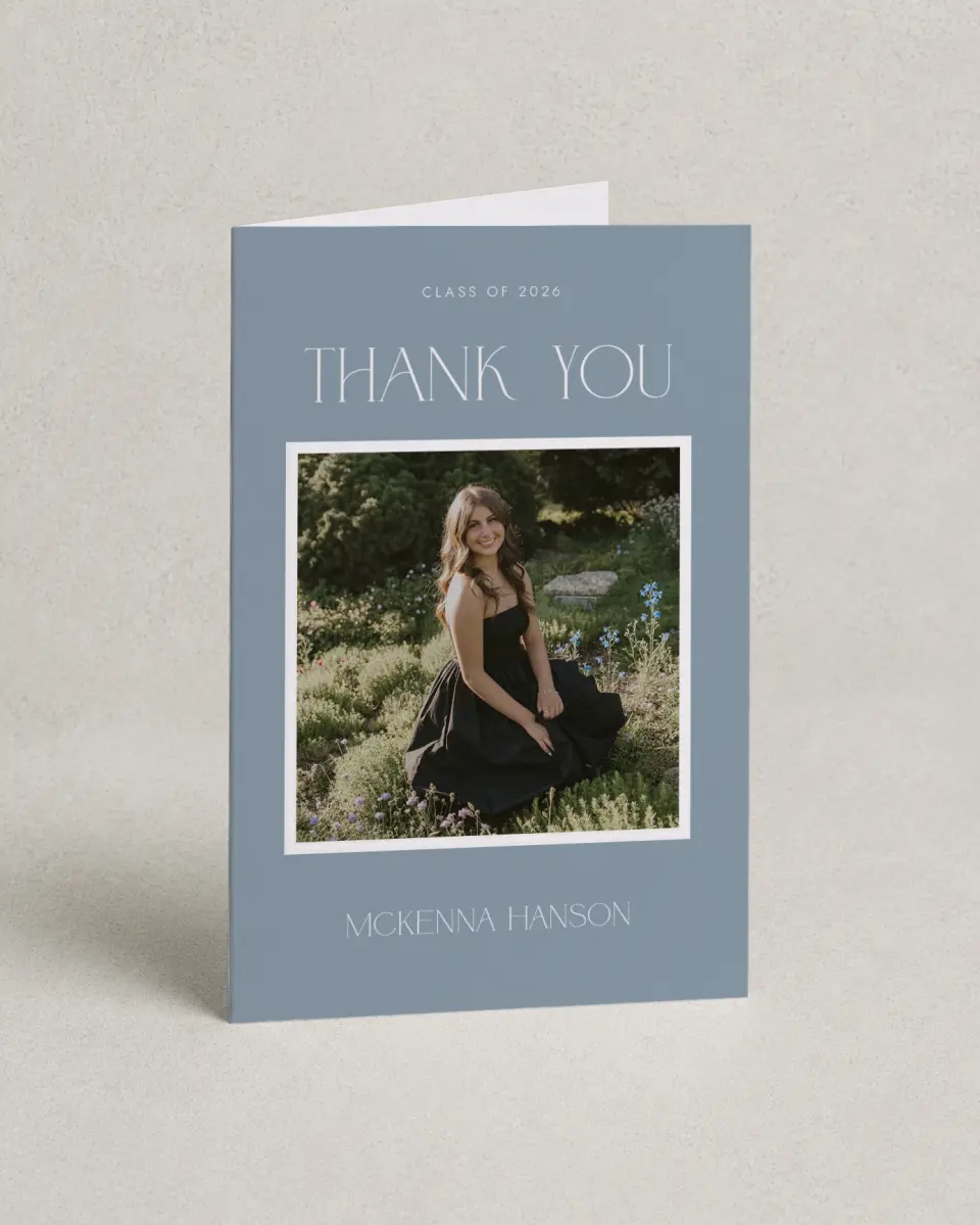 This is a 4" x 6" Folded Graduation Thank You Card called Graceful Grad printed in full color with Gold foil on Premium Smooth paper