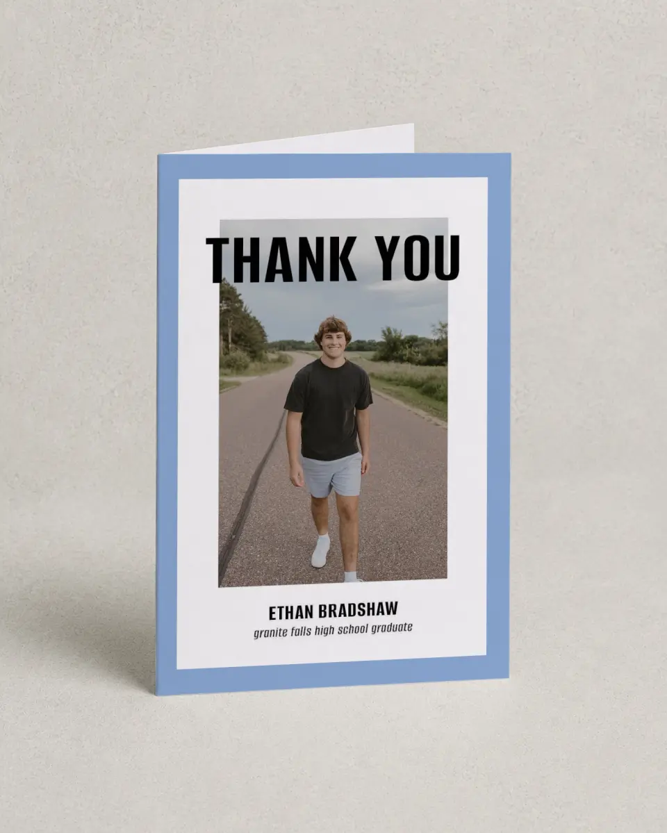This is a 4" x 6" Folded Graduation Thank You Card called Clean Cut printed in full color with Rose Gold foil on Luxe Satin (coated) paper