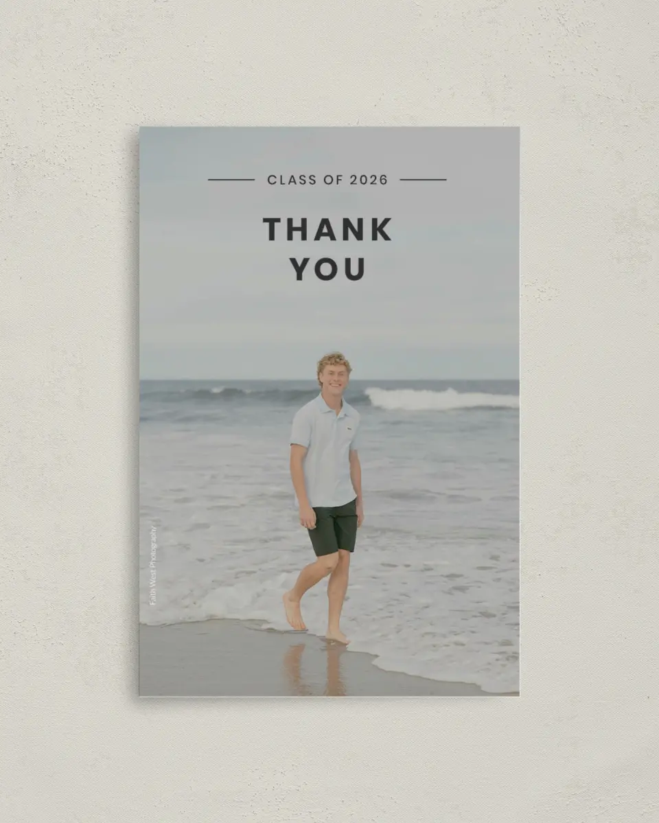 This is a 4" x 6" Folded Graduation Thank You Card called Simple Stroll printed in full color on Premium Smooth paper