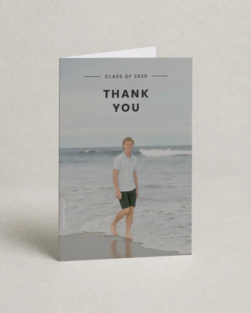 This is a 4" x 6" Folded Graduation Thank You Card called Simple Stroll printed in full color on Premium Smooth paper