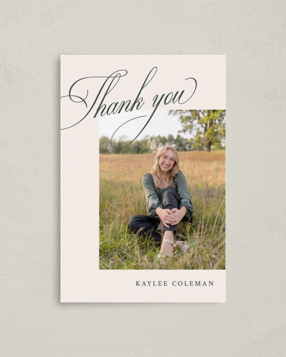 This is a 4" x 6" Folded Graduation Thank You Card called Grand Flourish printed in full color on Premium Smooth paper