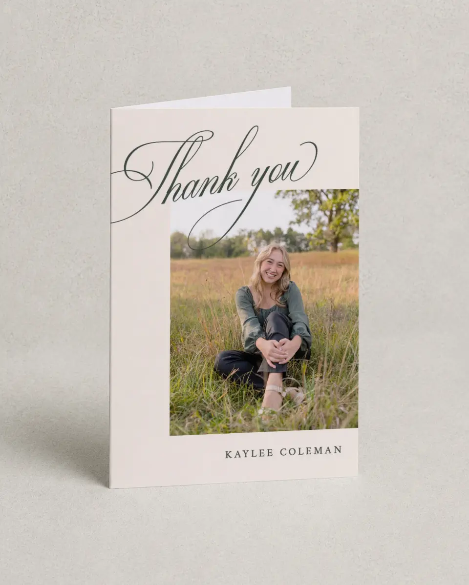 This is a 4" x 6" Folded Graduation Thank You Card called Grand Flourish printed in full color on Premium Smooth paper