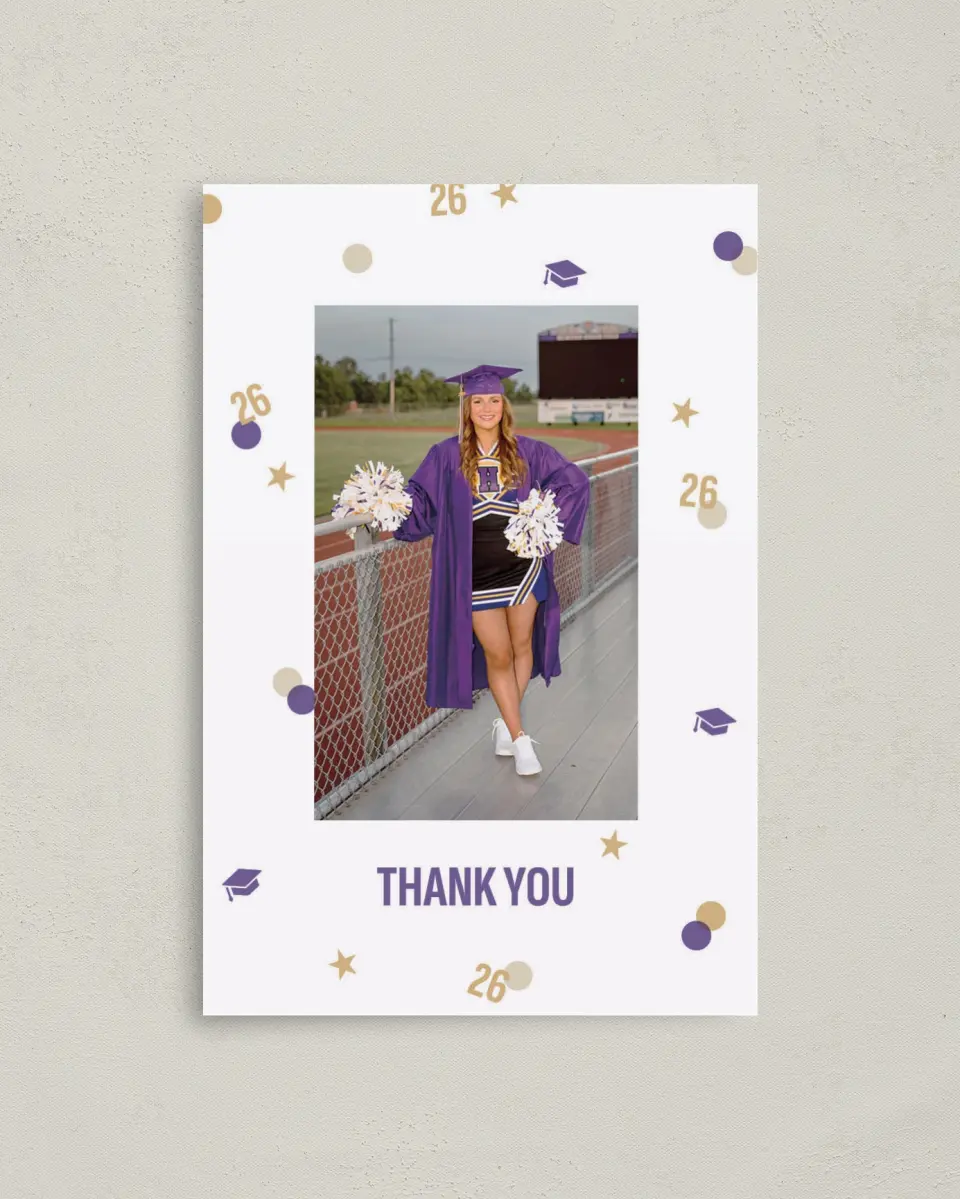 This is a 4" x 6" Folded Graduation Thank You Card called Confetti Toss printed in full color with Gold foil on Premium Smooth paper
