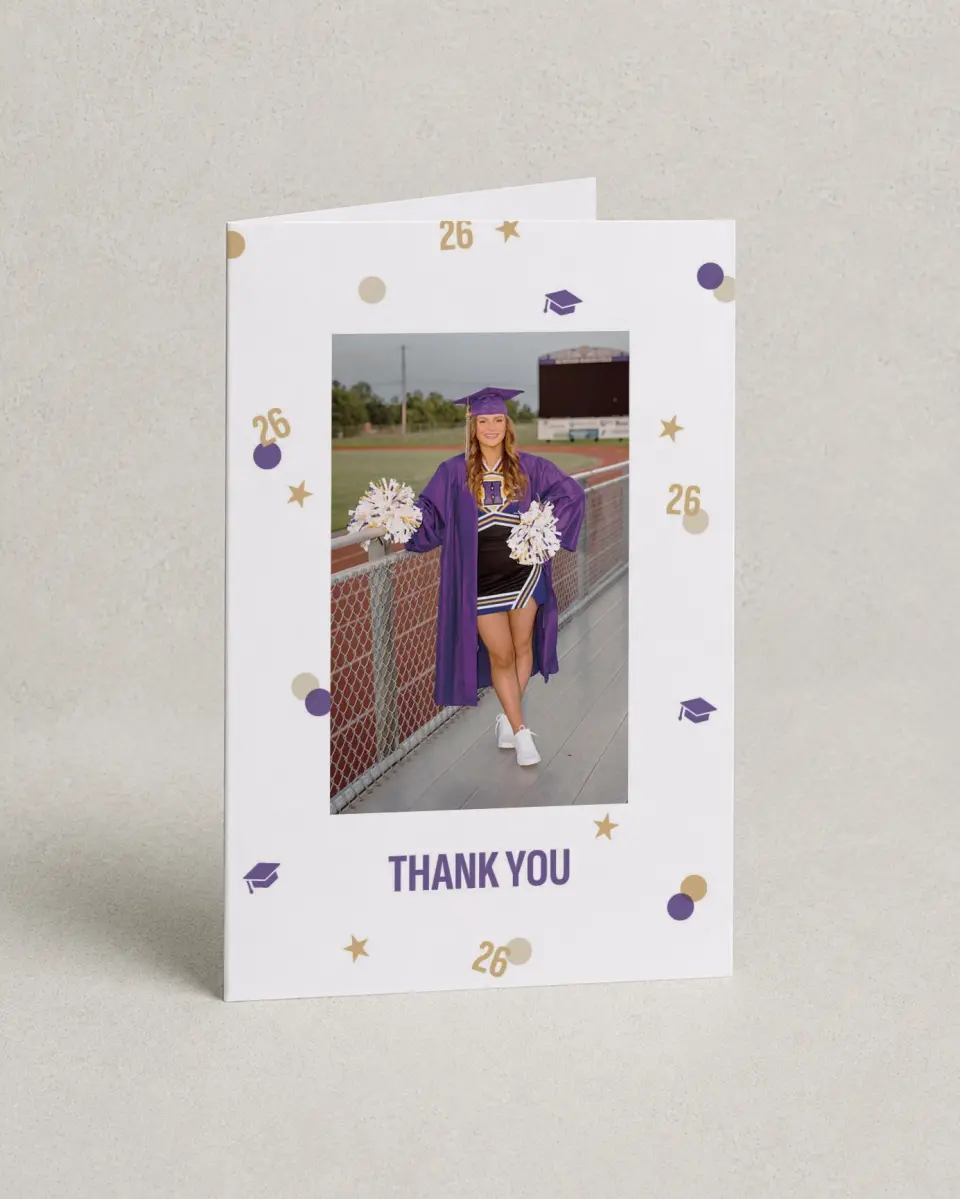 This is a 4" x 6" Folded Graduation Thank You Card called Confetti Toss printed in full color with Rose Gold foil on Luxe Satin (coated) paper