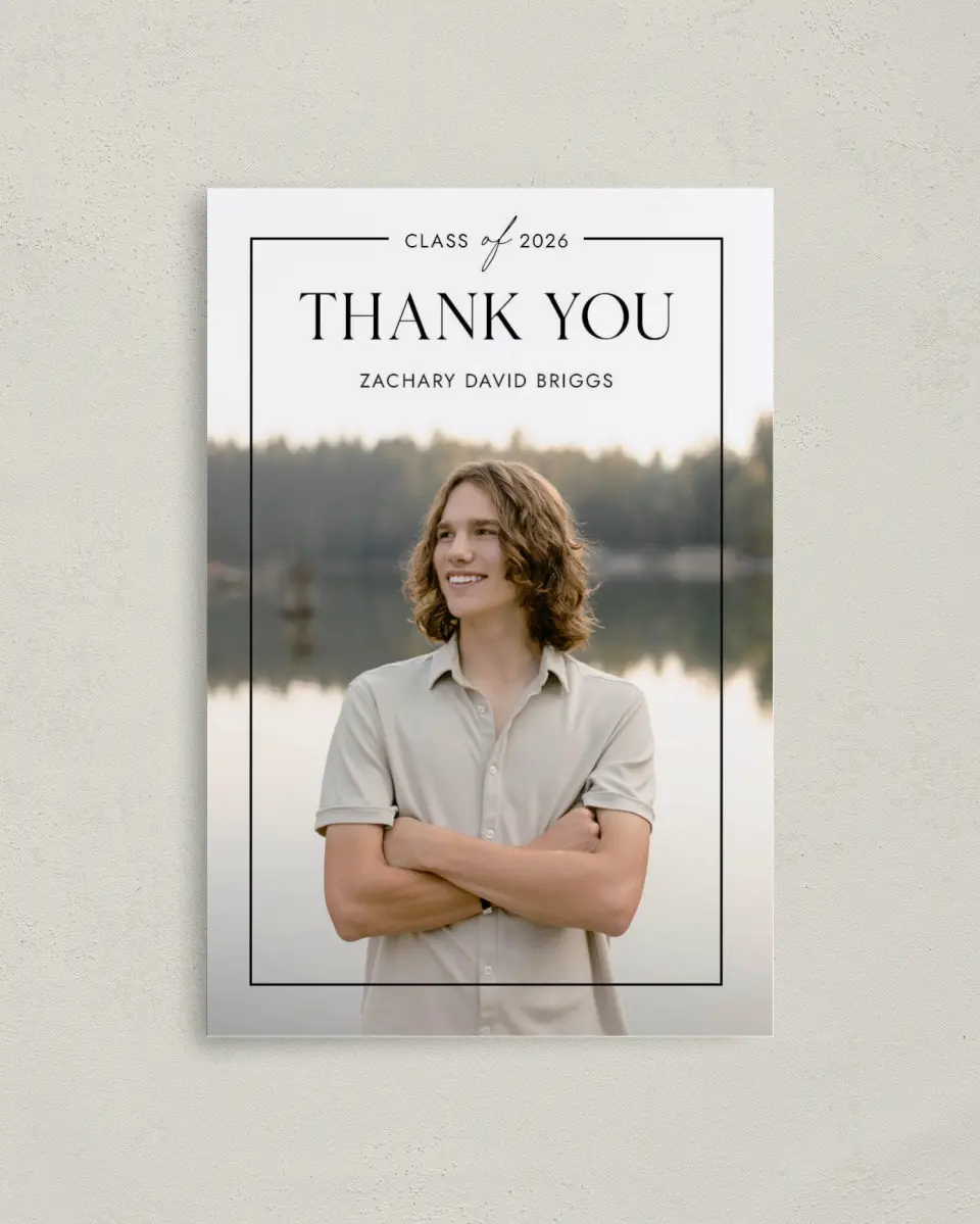 This is a 4" x 6" Folded Graduation Thank You Card called Pure Frame printed in full color on Premium Smooth paper