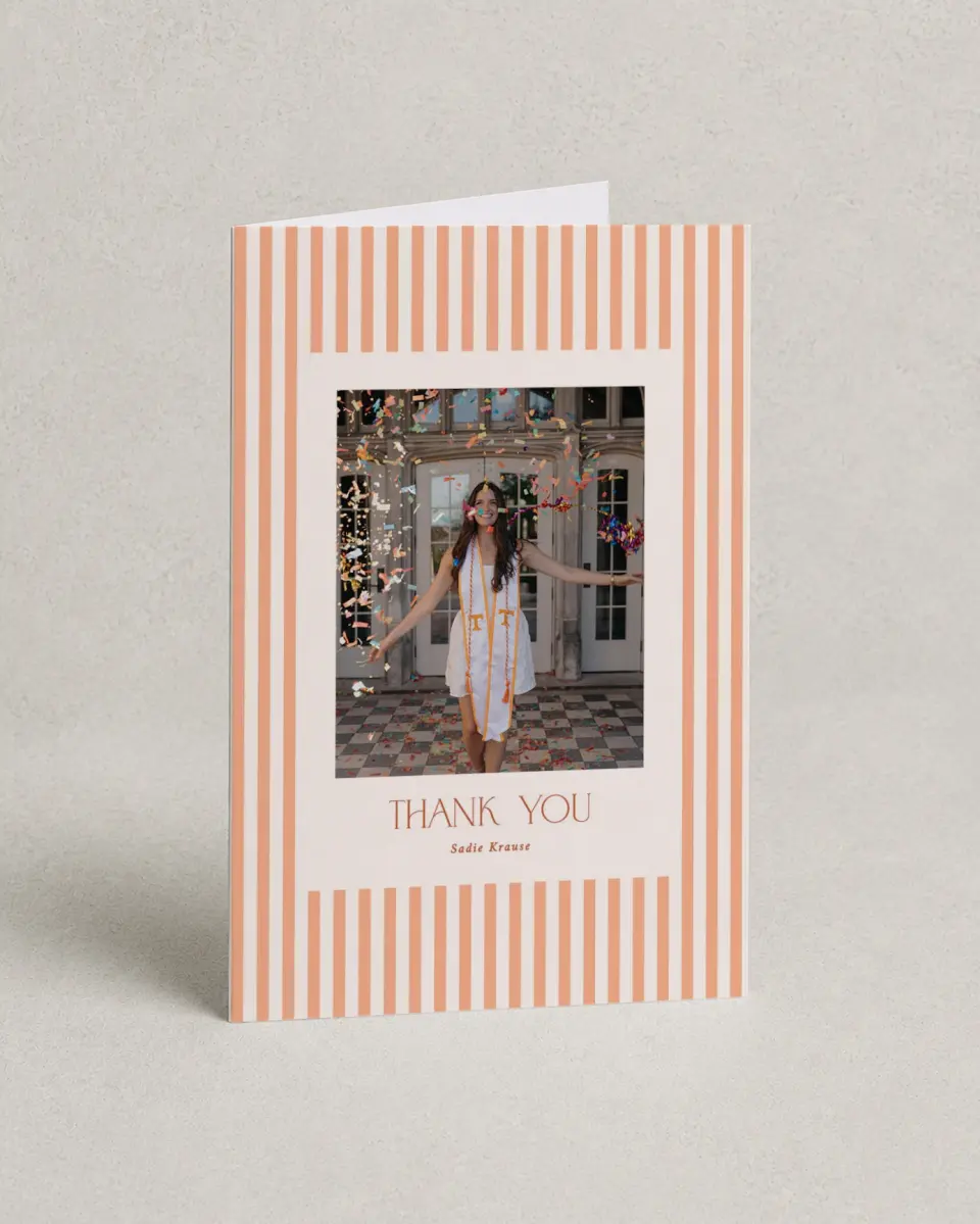 This is a 4" x 6" Folded Graduation Thank You Card called Senior Stripes printed in full color with Rose Gold foil on Luxe Satin (coated) paper