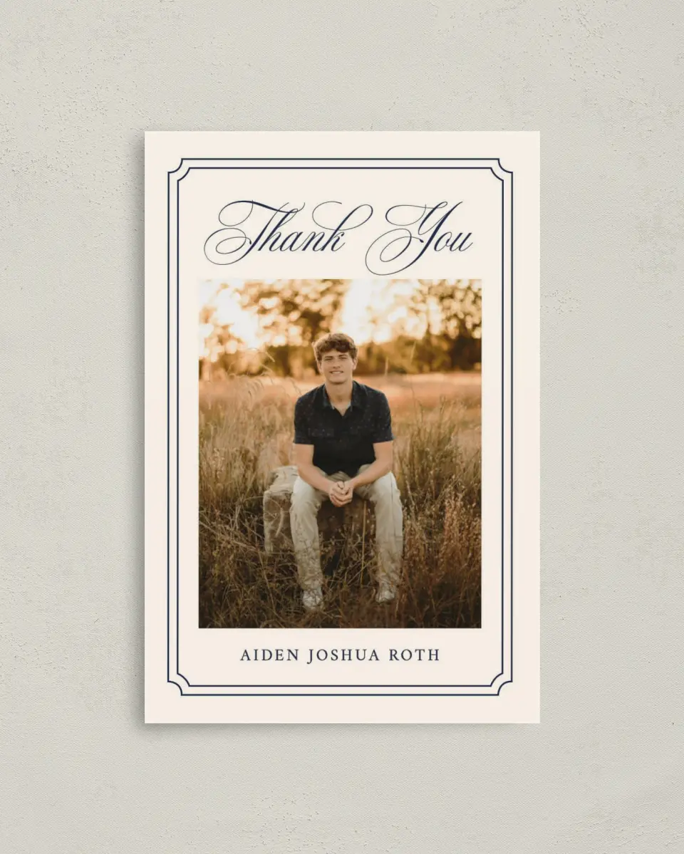 This is a 4" x 6" Folded Graduation Thank You Card called Formal Frame printed in full color with Gold foil on Premium Smooth paper