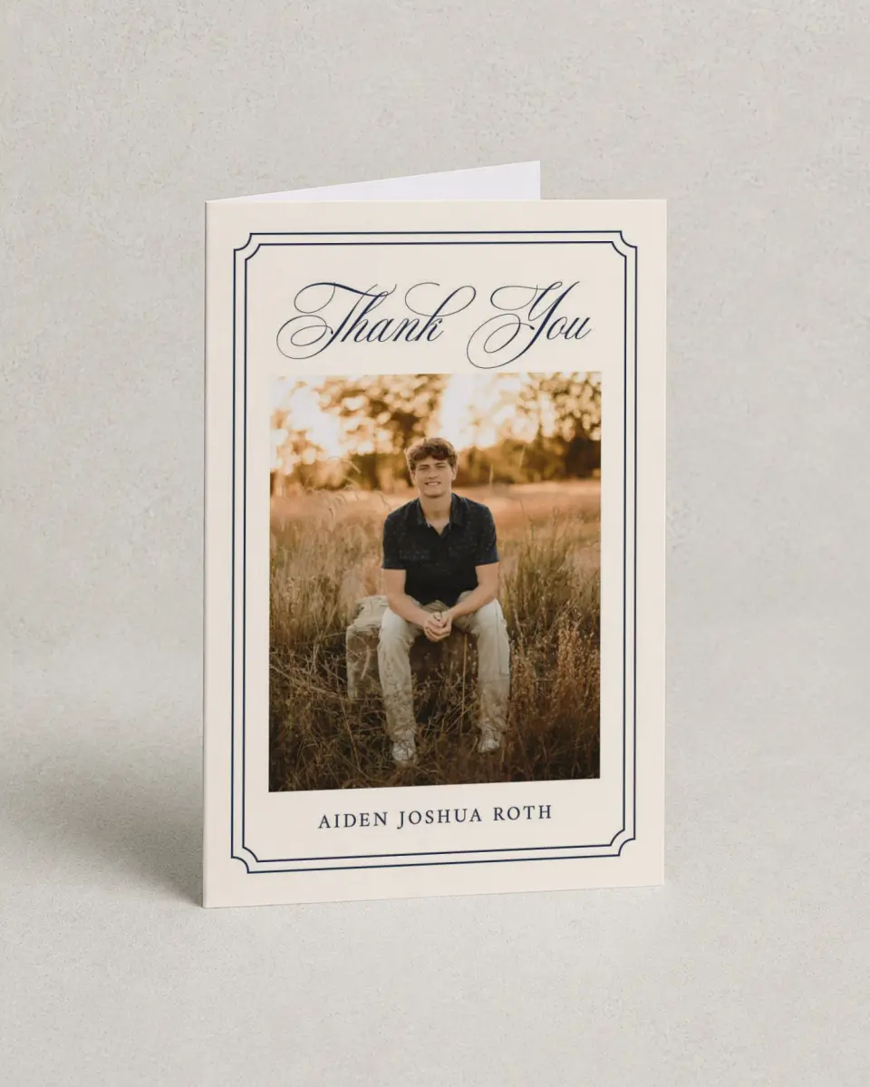 This is a 4" x 6" Folded Graduation Thank You Card called Formal Frame printed in full color with Gold foil on Premium Smooth paper