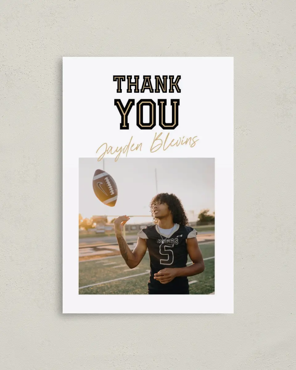 This is a 4" x 6" Folded Graduation Thank You Card called Varsity Vibes printed in full color with Gold foil on Premium Smooth paper