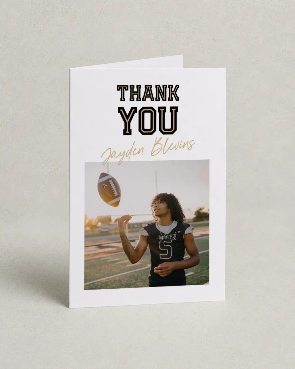 This is a 4" x 6" Folded Graduation Thank You Card called Varsity Vibes printed in full color with Rose Gold foil on Luxe Satin (coated) paper