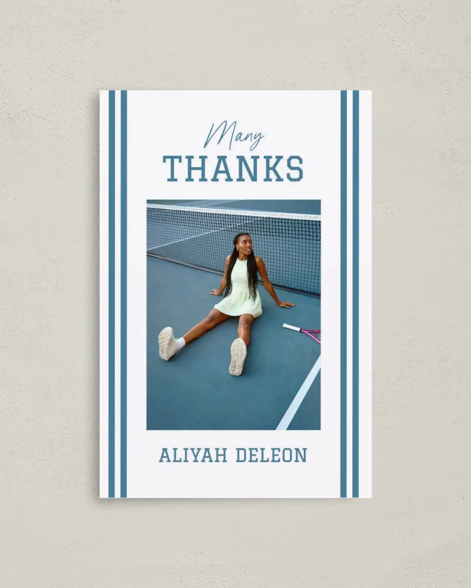 This is a 4" x 6" Folded Graduation Thank You Card called Varsity Stripes printed in full color with Gold foil on Premium Smooth paper