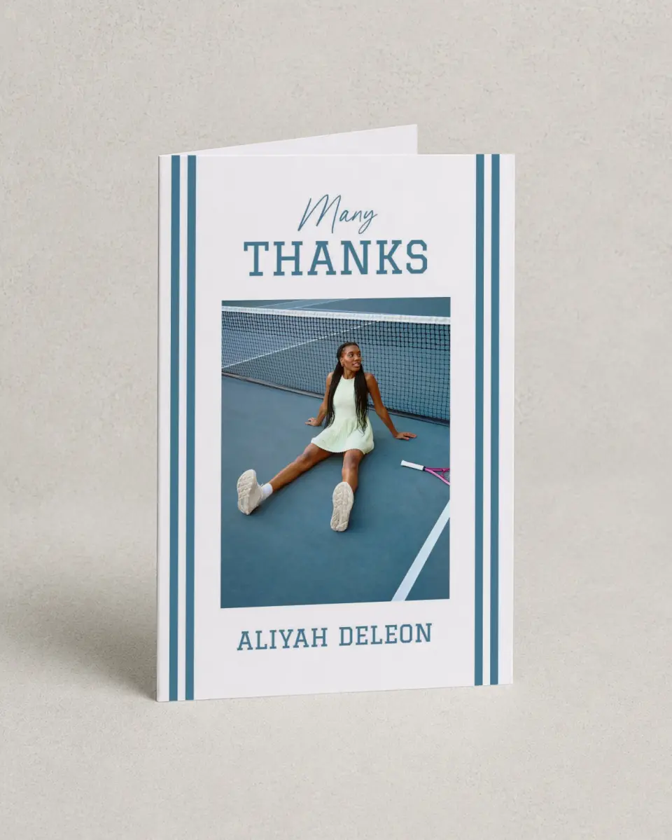 This is a 4" x 6" Folded Graduation Thank You Card called Varsity Stripes printed in full color with Rose Gold foil on Luxe Satin (coated) paper