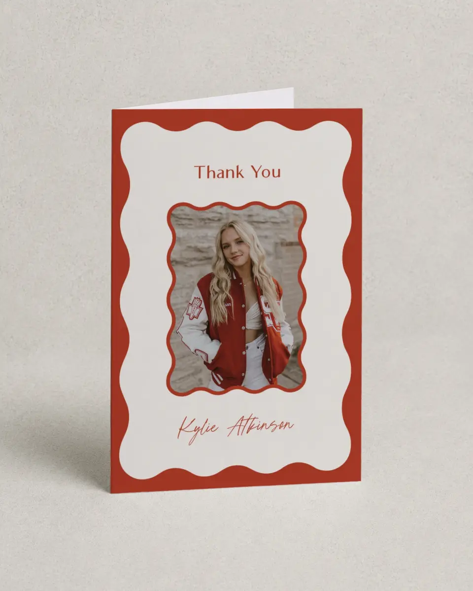 This is a 4" x 6" Folded Graduation Thank You Card called Unwavering Spirit printed in full color with Rose Gold foil on Luxe Satin (coated) paper