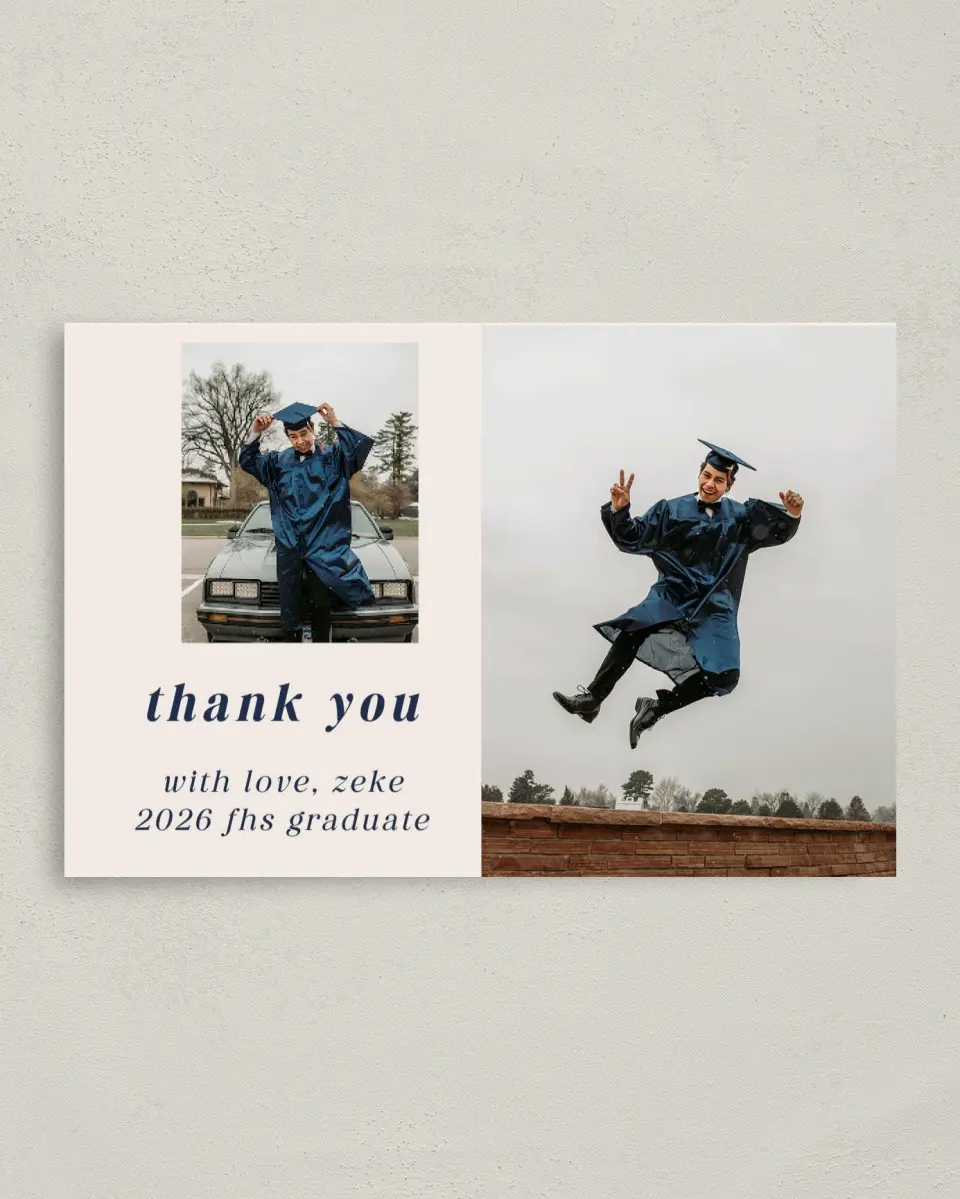 This is a 4" x 6" Folded Graduation Thank You Card called Jumping Jubilee printed in full color with Rose Gold foil on Luxe Satin (coated) paper