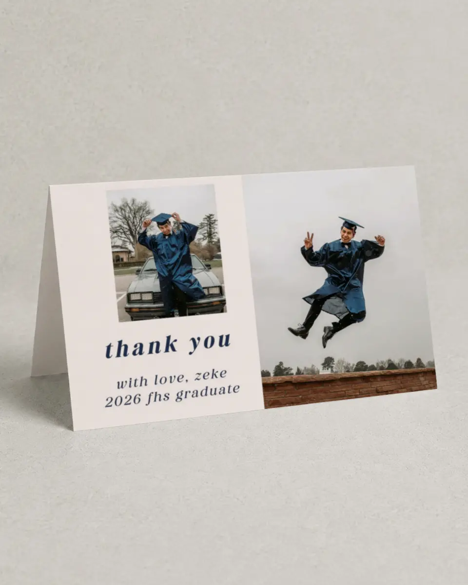 This is a 4" x 6" Folded Graduation Thank You Card called Jumping Jubilee printed in full color on Premium Smooth paper