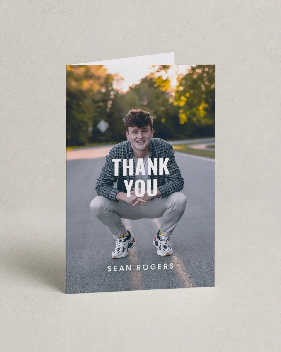 This is a 4" x 6" Folded Graduation Thank You Card called Final Stretch printed in full color with Rose Gold foil on Luxe Satin (coated) paper