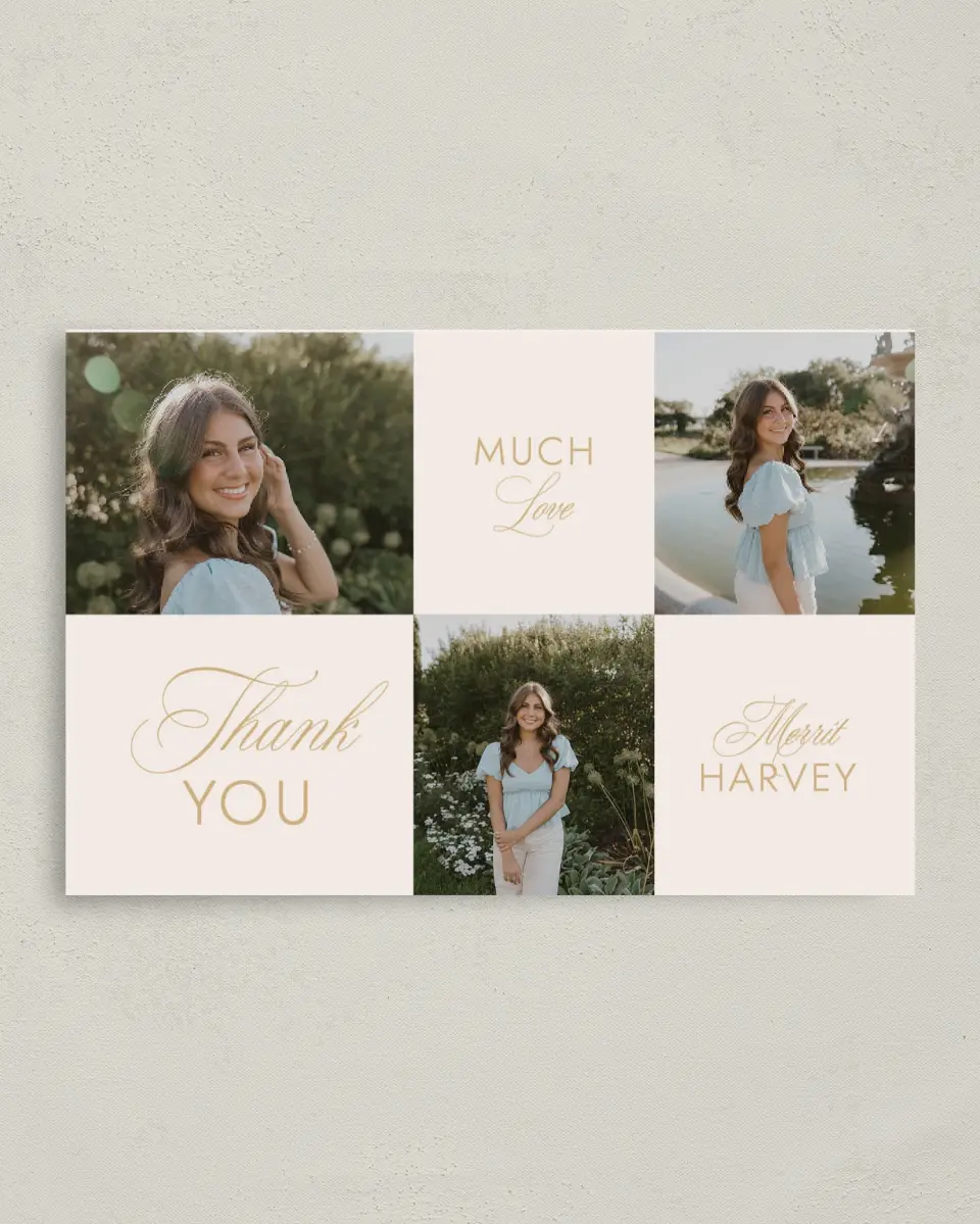 This is a 4" x 6" Folded Graduation Thank You Card called Stay Golden printed in full color on Premium Smooth paper