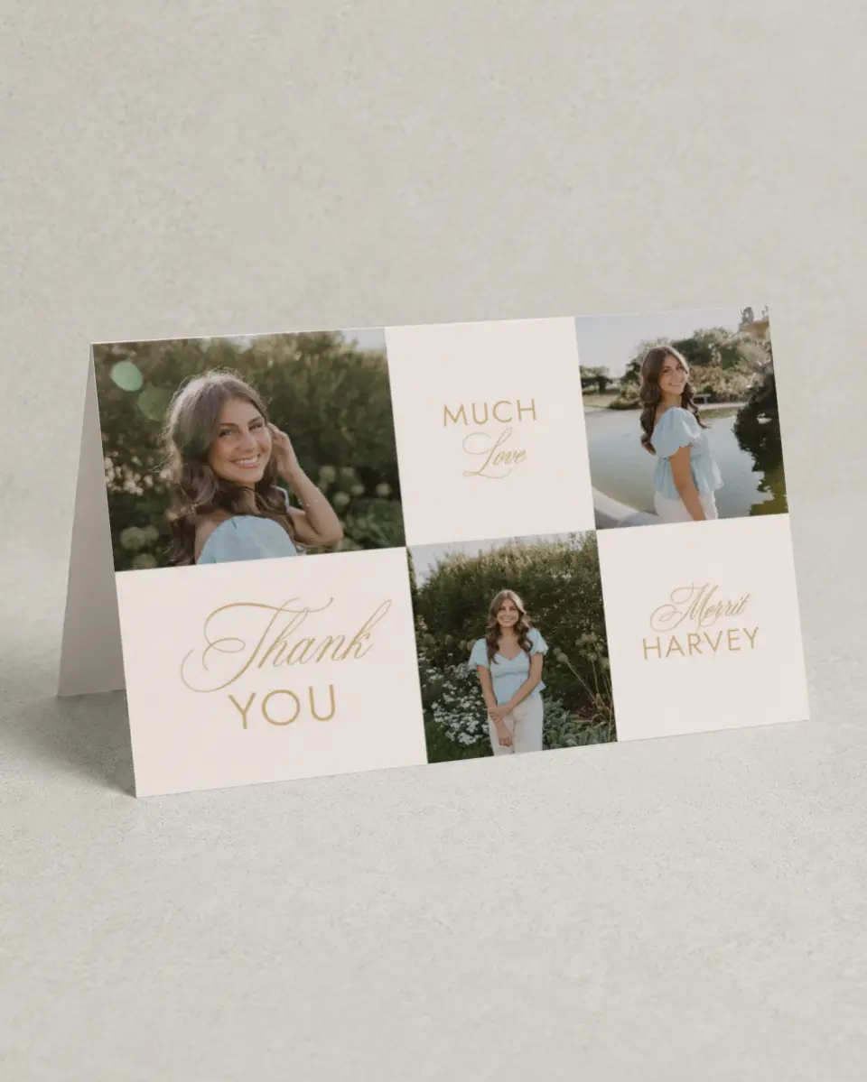 This is a 4" x 6" Folded Graduation Thank You Card called Stay Golden printed in full color on Premium Smooth paper