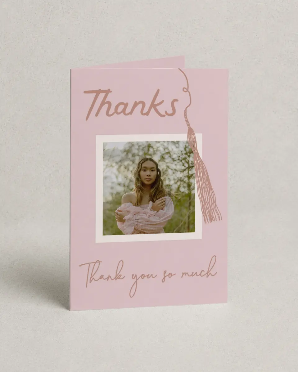This is a 4" x 6" Folded Graduation Thank You Card called Tassels on Tassels printed in full color on Premium Smooth paper