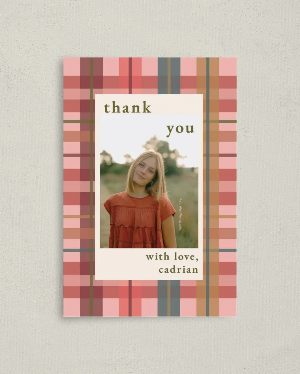 This is a 4" x 6" Folded Graduation Thank You Card called Plaid Praise printed in full color on Premium Smooth paper