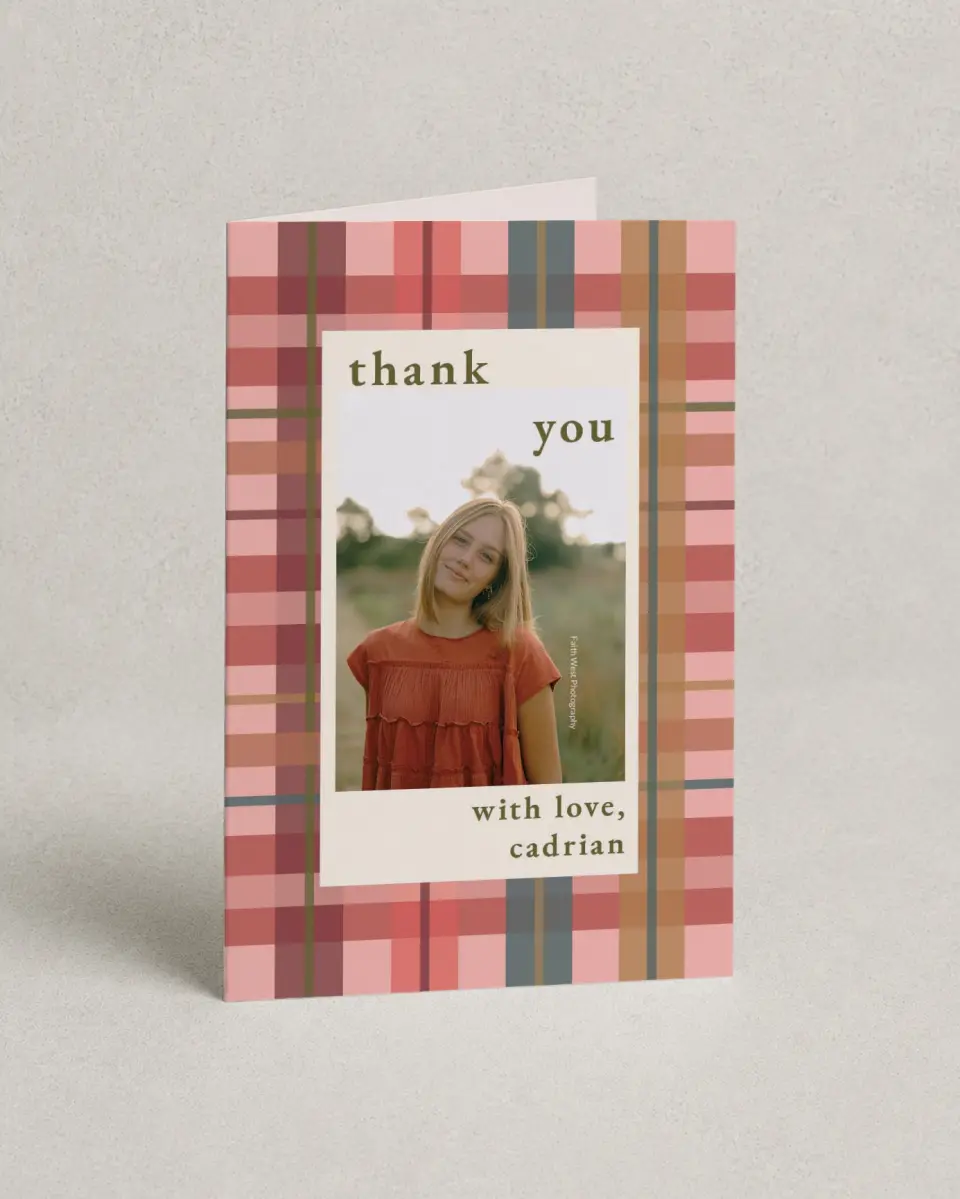 This is a 4" x 6" Folded Graduation Thank You Card called Plaid Praise printed in full color with Rose Gold foil on Luxe Satin (coated) paper