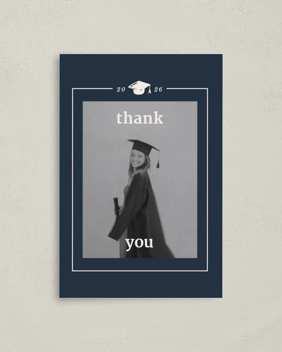 This is a 4" x 6" Folded Graduation Thank You Card called Framed Triumph printed in full color on Premium Smooth paper