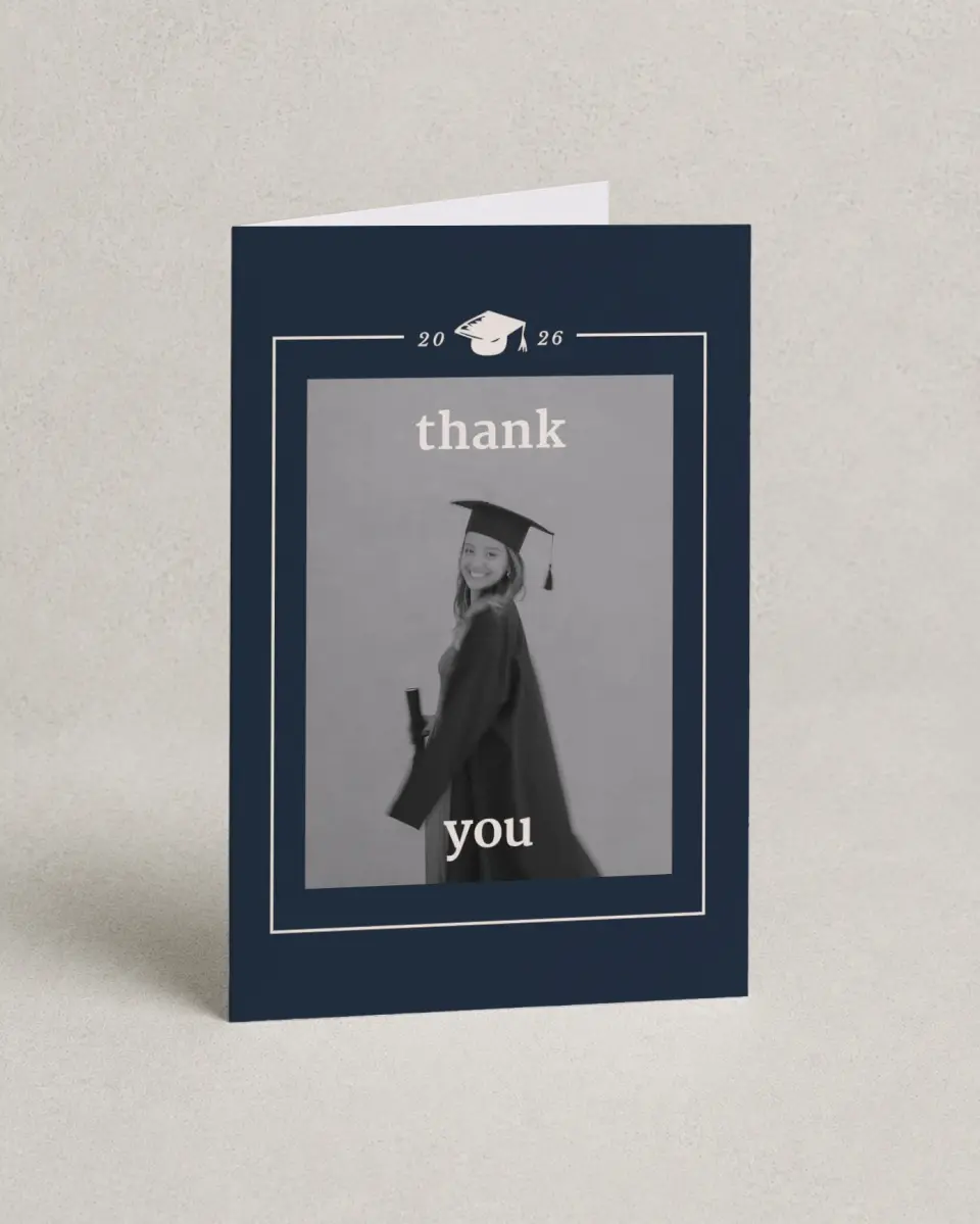 This is a 4" x 6" Folded Graduation Thank You Card called Framed Triumph printed in full color with Rose Gold foil on Luxe Satin (coated) paper